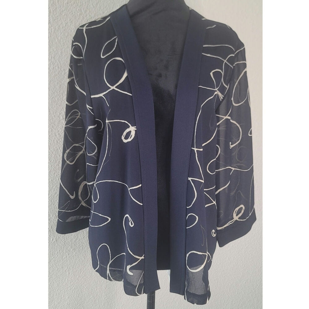 Vintage 1980s Sheer Blouse Navy White graphic Scribble Print Boxy Fit Sz Large